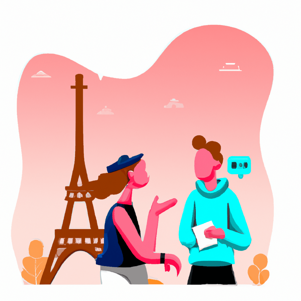 illustration of 2 peoples that have a discussion with behind them the eiffel tower of France, modern design, for the web, cute, happy, trending in artstation
